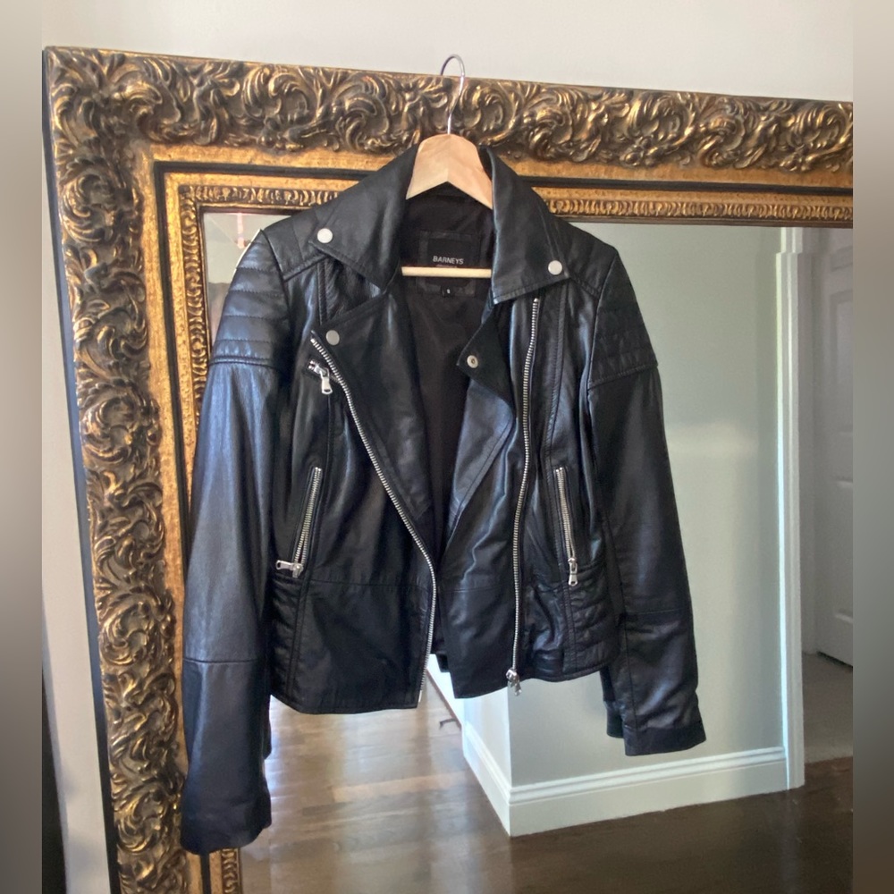 Barney’s Original Black Genuine Leather Biker Jacket Size US4